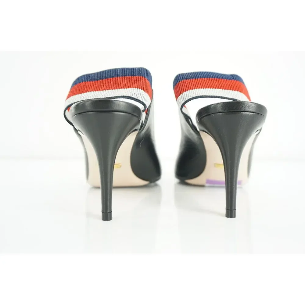Gucci Sylvie Black Leather Web Strap Pointed Toe Slingback Pumps Size 35 $695
